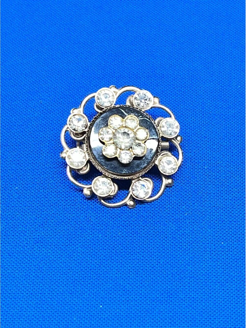 #56 Vintage Black Lucite Brooch Clear Stones
